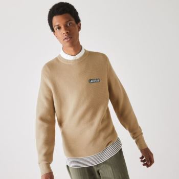 Lacoste Crew Neck Textured Wool And Cotton Sweater - Svetr Pánské Béžový / Bílé / Tmavě Blankyt Blan